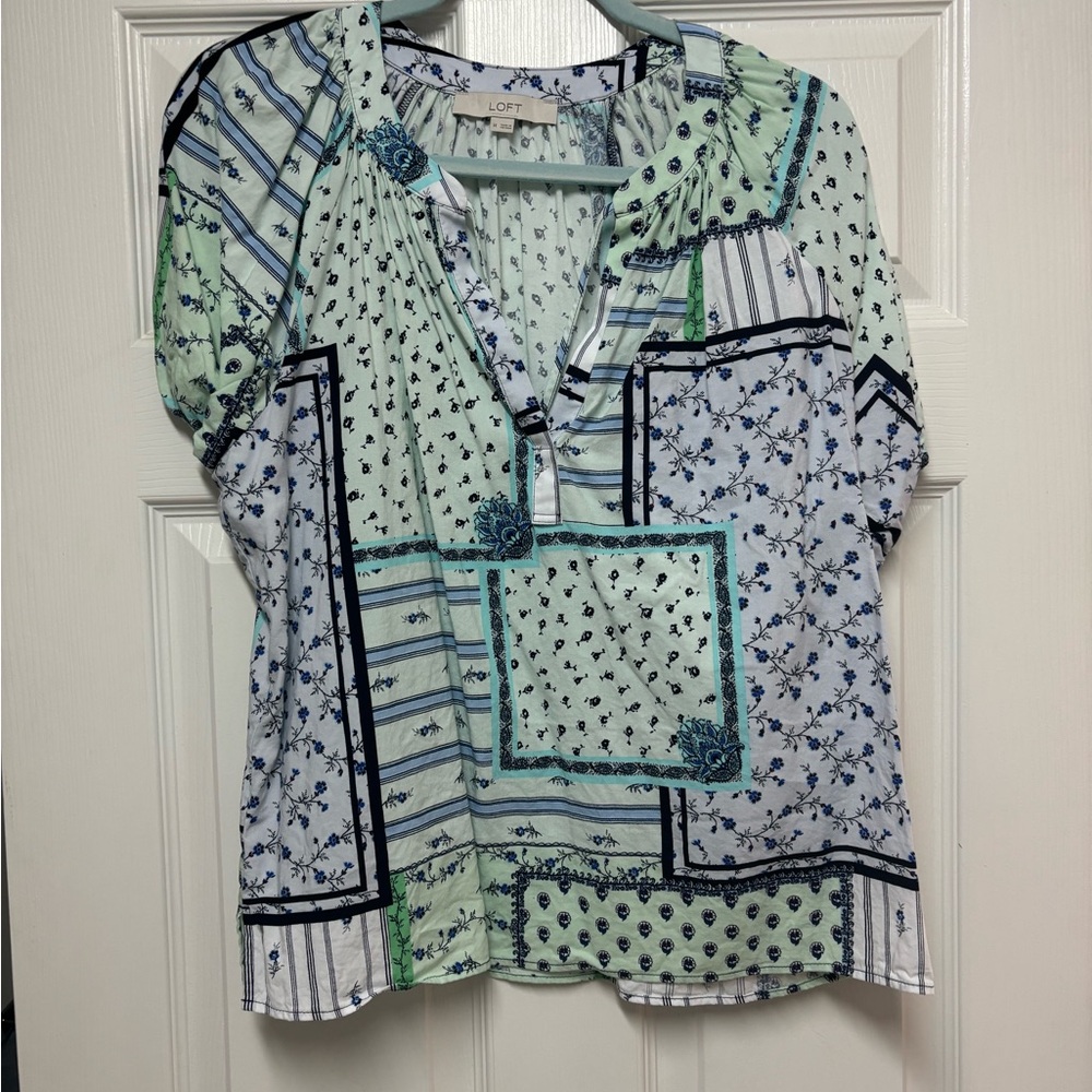 LOFT Women's Patchwork Button Down Shirt - Green and Blue